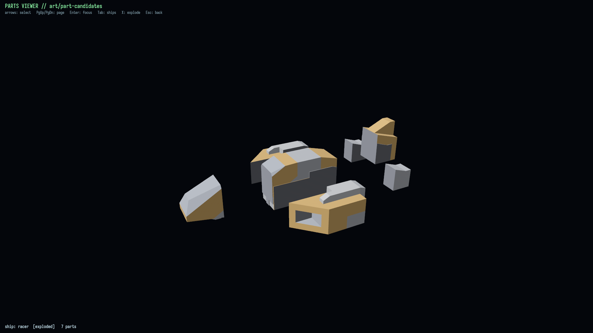 The Racer's seven semantic body meshes separated in an exploded view.