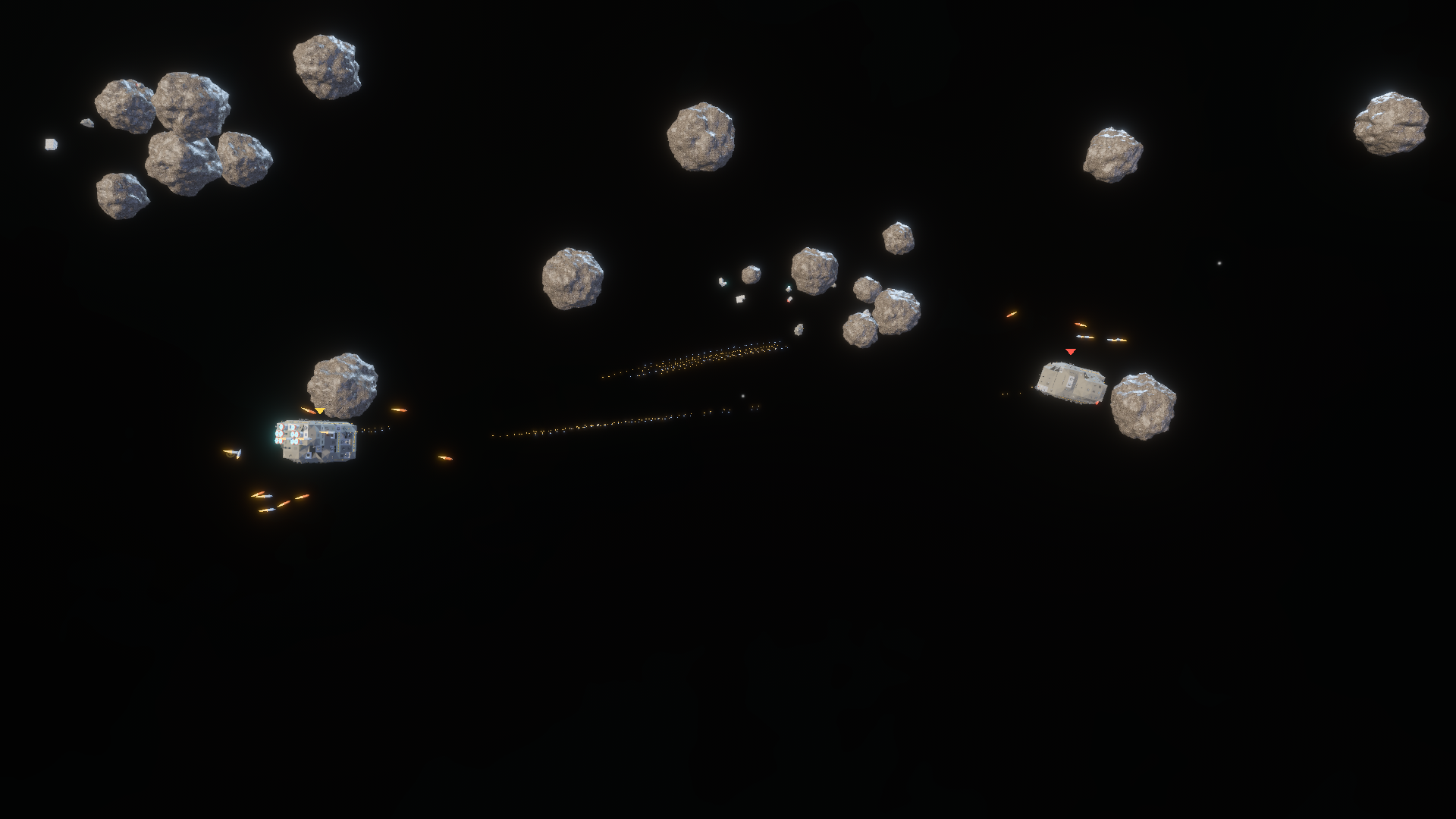Two generated warships exchange fire in the WFC Arena.