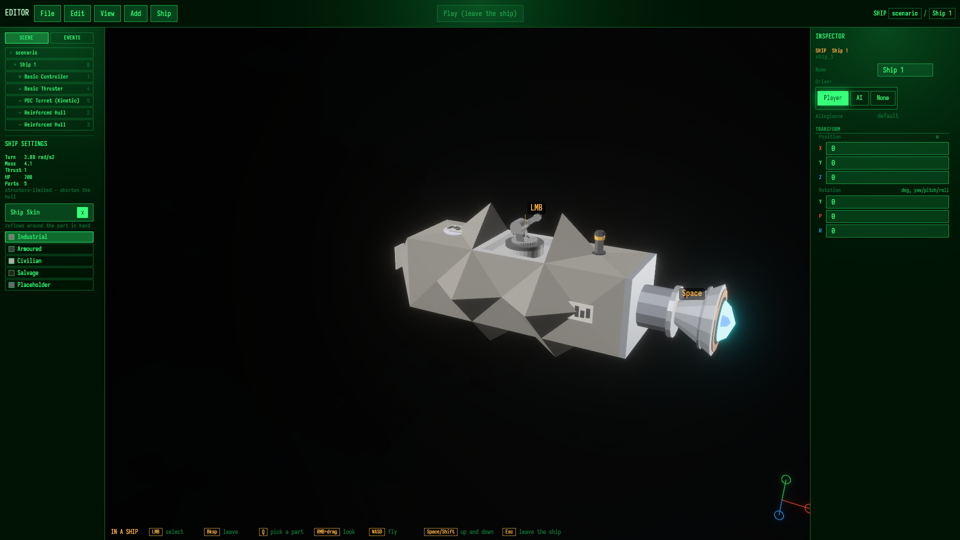 The editor stage with a ship under construction and the scenario scene tree beside it.