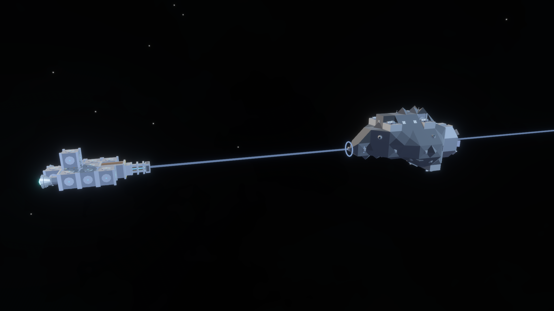 A block warship with weapons hot, its lance lined up on a hull and the corridor the shot would open ringed in pierce blue.