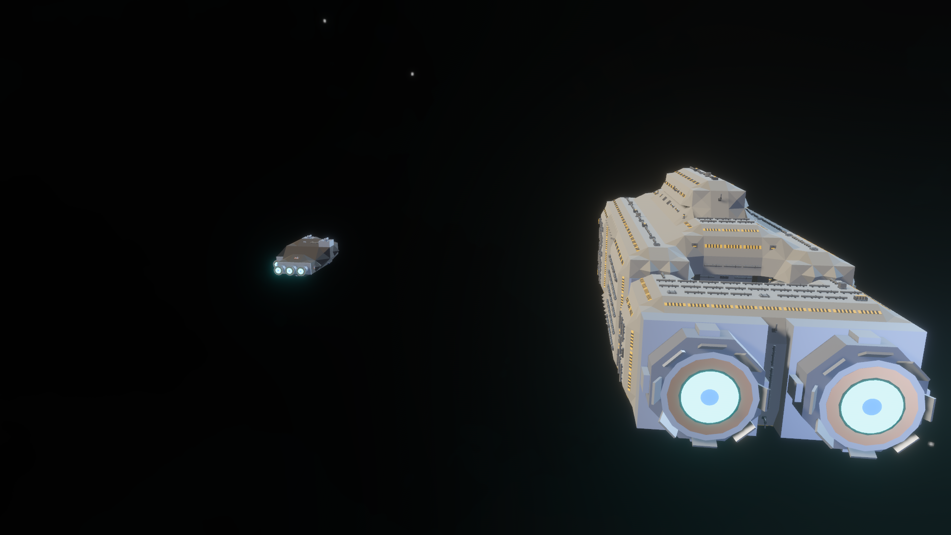 A skiff and a carrier seen from behind at their true relative scale, with the carrier's paired drives dwarfing the smaller ship.
