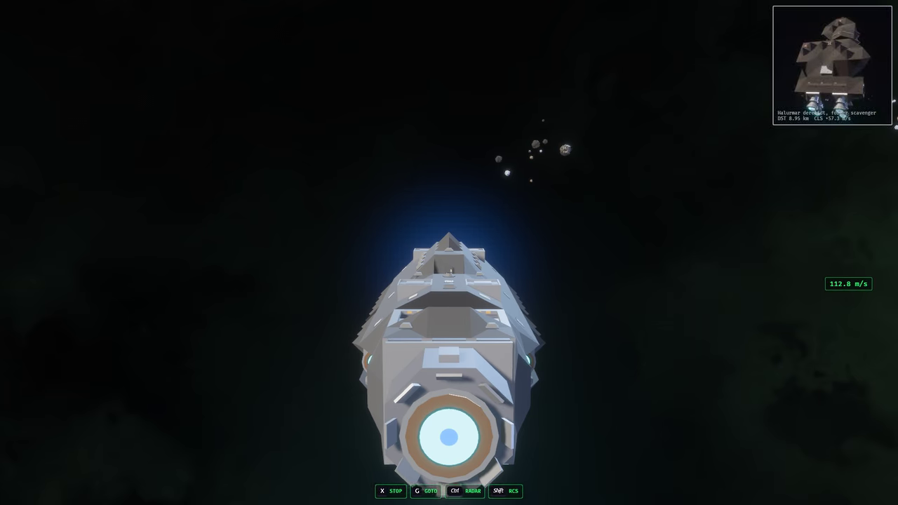 A line warship burns toward a distant rock cluster in a seeded open world, with a generated ship in the target inset.
